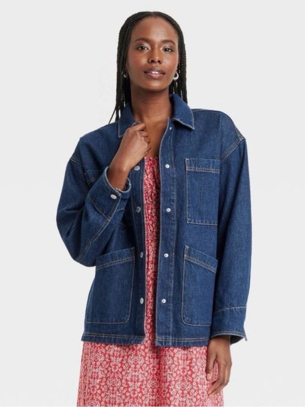 Universal Thread Women's Denim Chore Coat Denim Jacket Dark Wash Size L